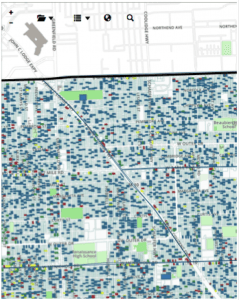Detroit foreclosures near me. Blue is occupied homes, red is unoccupied, yellow unknown, and green is destroyed homes or vacant, foreclosed land.