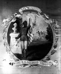 Paining in honor of the 45th regiment colored troops: Afro-American soldier stands with flag before a bust of Washington.