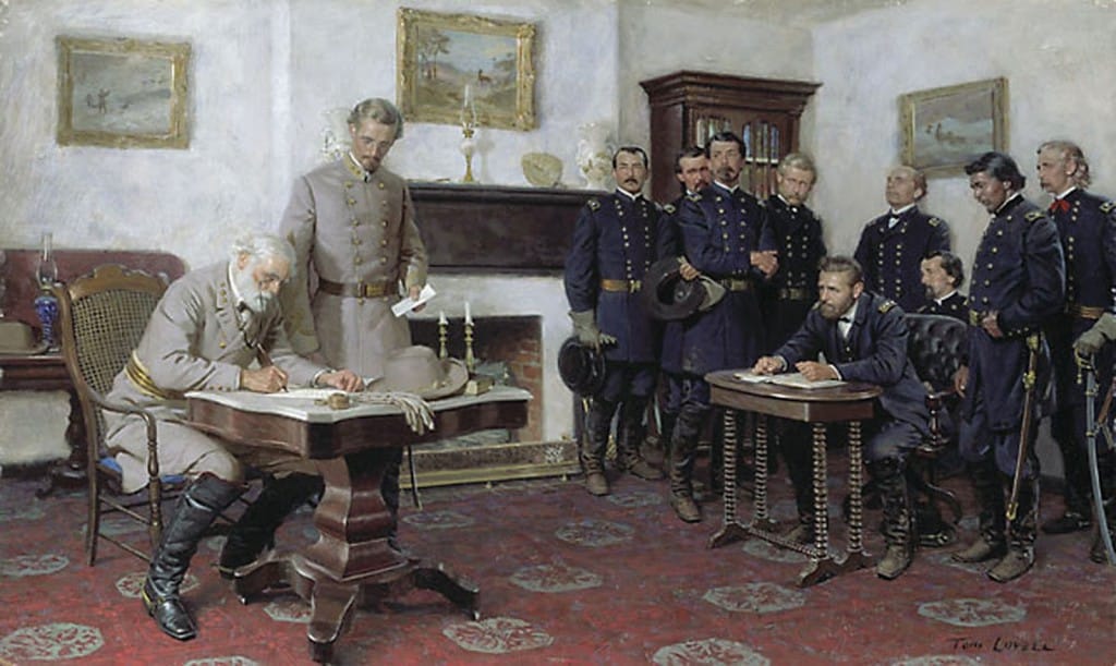 Surrender at Appomattox; with Grant are Philip H. Sheridan, Orville E. Babcock, Horace Potter, Edward O.C. Ord, Seth Williams, Theodore S. Bowers, Ely S. Parker and George A. Custer. With Lee is Charles Marshall, his military secretary.