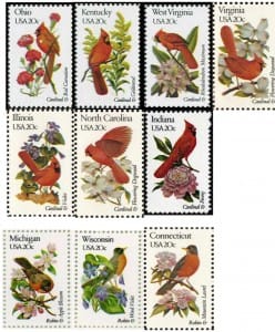 state bird stamps; robin cardinal