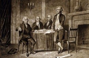 Jefferson meets with his cabinet around a simple table covered in a cloth.