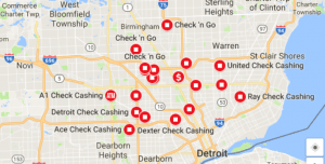 The Check cashing services of south-eastern MI are concentrated in poor black and white neighborhoods.