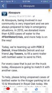 Absopure advertises that I t will match case-for-case water donations to Flint. Isn't that white of them. 