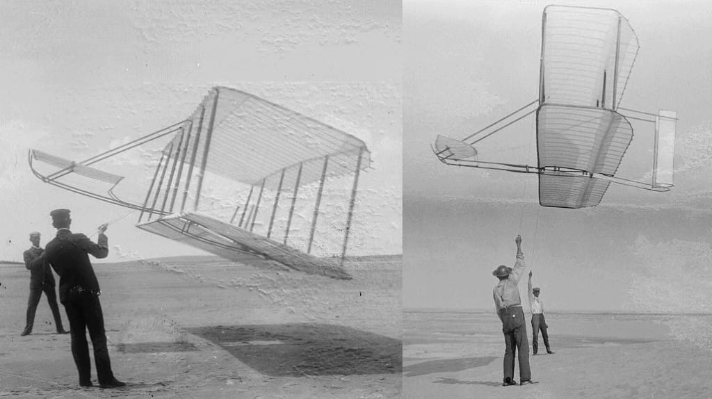 The Wright brothers testing their gliders in 1901 (left) and 1902 (right). The angle of the tether reflects the dramatic improvement in the lift-to-drag ratio.