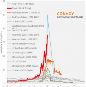 A comparison between Bitcoin prices, and those of tulips, 1929 stocks, and other speculative bubbles; multiple of original price vs year from peak.