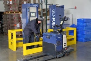Factory floor, hydrogen fueling station for plug-power forklifts. Plug FCs reached their 10 millionth refueling this January.