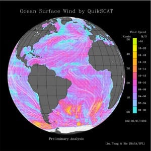 Surface level winds in the Atlantic. 